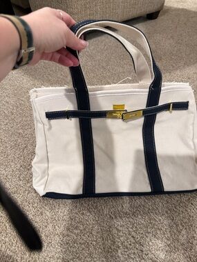 Canvas Tote with Navy Trim and Gold Hardware